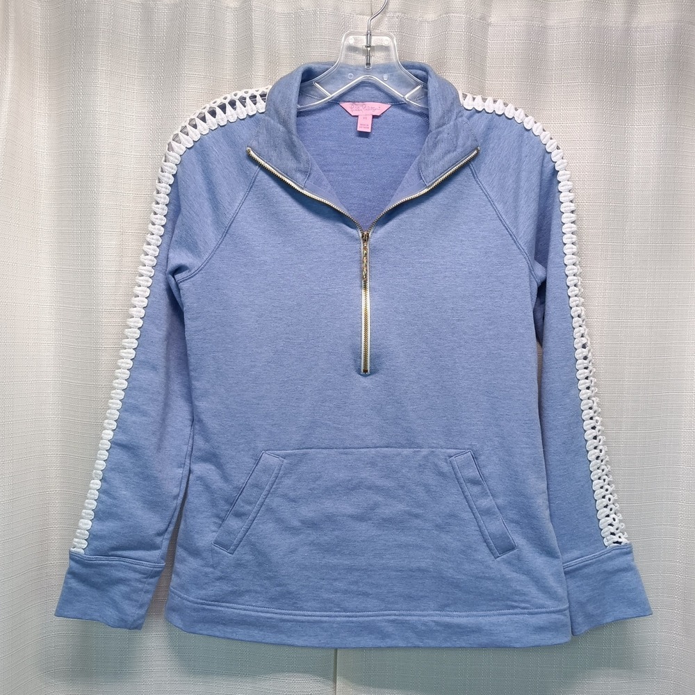 Lilly‎ Pulitzer Womens Periwinkle Blue Eyelet Lace Trim Quarter Zip Pullover XS